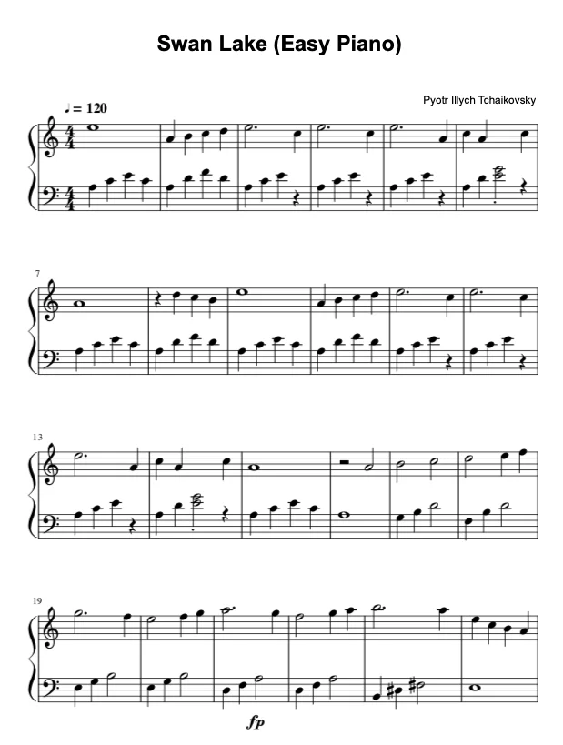 Swan Lake - Easy Piano Sheet Music in PDF - La Touche Musicale