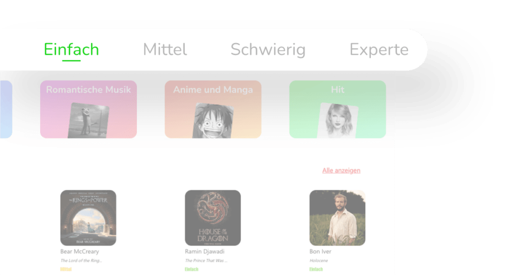 Klavier-App Schwierigkeiten Lieder