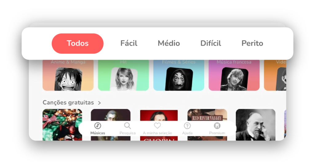 aplicação móvel Dificuldades em canções de piano