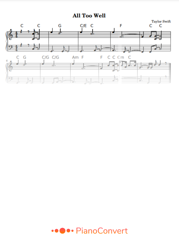 all too well piano sheet music