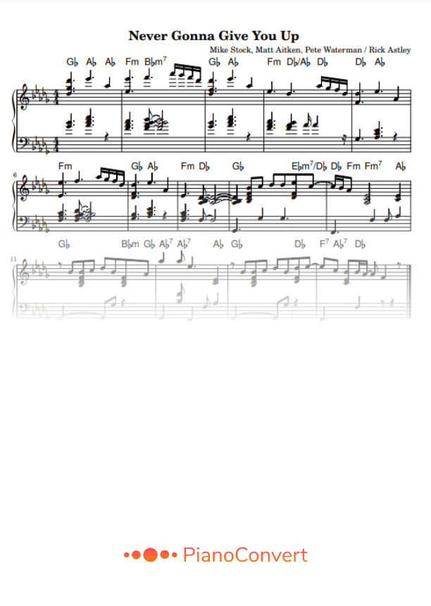 never gonna give you up piano sheet music