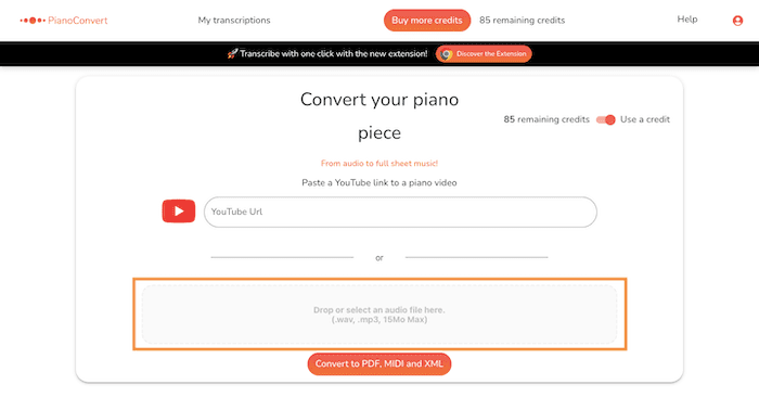 pianoconvert transcrire audio canzone note pianoforte spartito midi