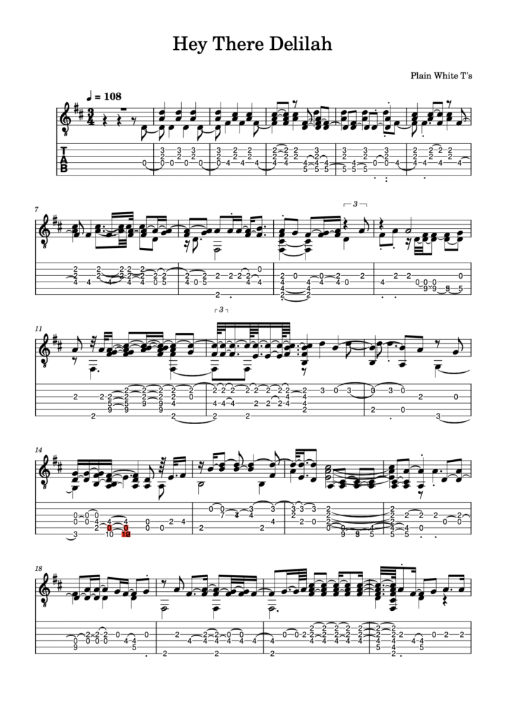 hey there delilah tablatura chitarra