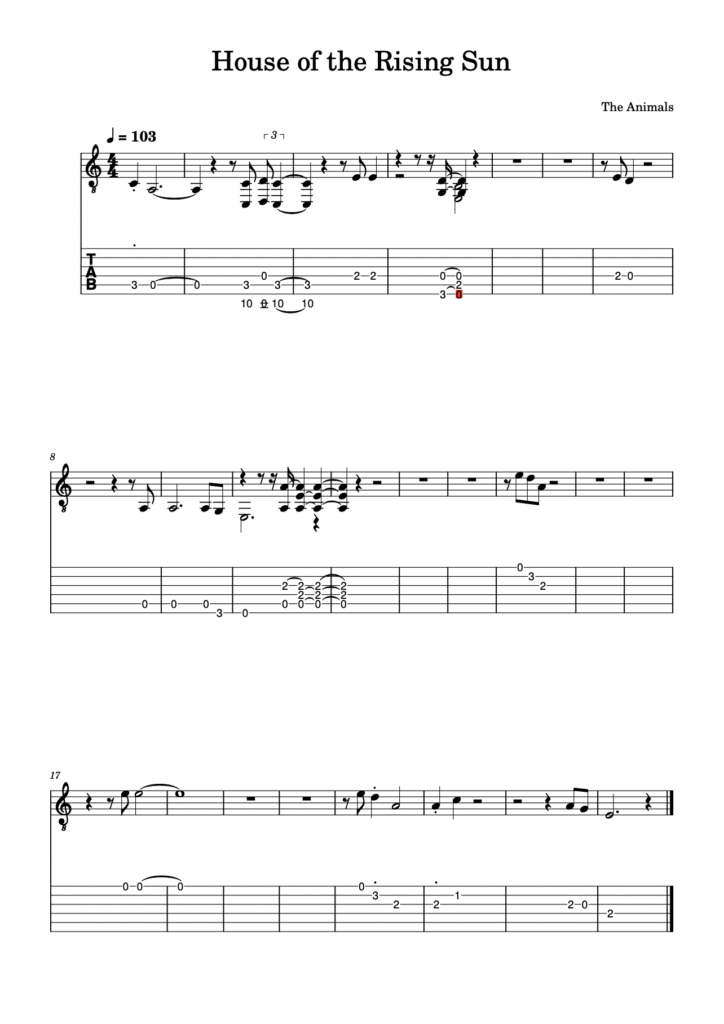 house of the rising sun tablatura chitarra